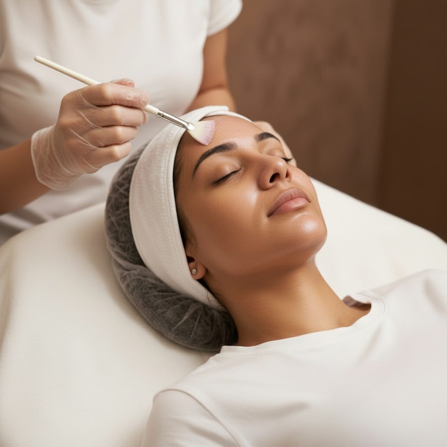 Chemical peel application with fan brush at a dermatology clinic — medical-grade skin resurfacing treatment